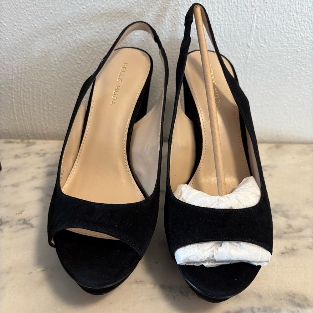 Pelle Moda Suede Slingback Peep Toe Platform Heel